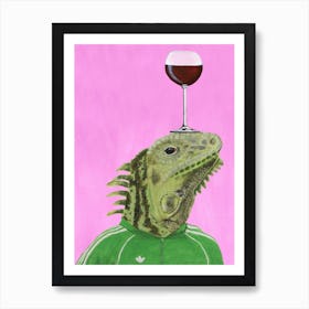 Iguana With Wineglass Pink & Green Art Print