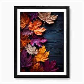 Autumn Leaves On Wooden Background Art Print