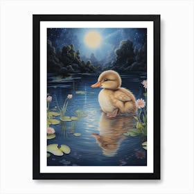 Duckling Swimming In The Pond In The Moonlight Pencil Illustration 3 Art Print