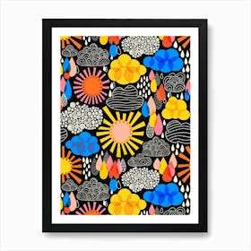 Black Weather Forecast Abstract Sun, Rain, and Clouds Kids Art Print