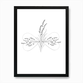 Flower Line Art,Lavender flower, butterfly, heart ,minimalist Art Print