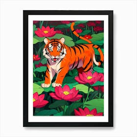 Tiger In Lotus Flower Art Print