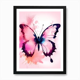 Butterfly In Watercolor On Pink Background Art Print