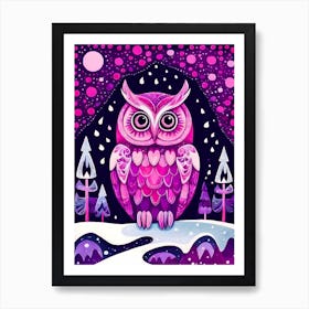 Pink Owl Snowy Landscape Painting (49) Art Print