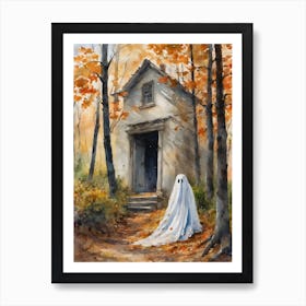 A Blustery Day ~ Ghost Halloween Watercolor Autumn Forest Spooky Spectre Windy Trees Haunting Witchy Witchcraft Goings On In The Woods Magical Samhain Painting Art Print