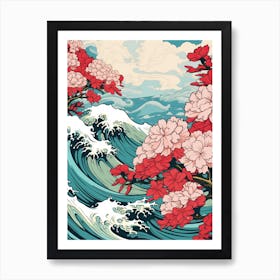 Great Wave With Rhododendron Flower Drawing In The Style Of Ukiyo E 1 Art Print