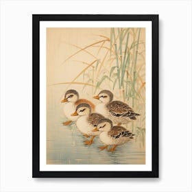 Japanese Woodblock Style Duckling Family 2 Art Print