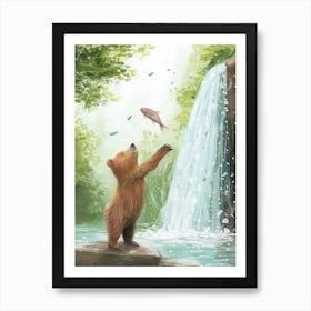 Sloth Bear Catching Fish In A Waterfall Storybook Illustration 3 Art Print