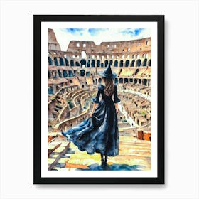 The Witch in Rome ~ A Witch Travels to the Colosseum - Ancient World Monument, Witchy Watercolor Artwork by Lyra the Lavender Witch - Pagan Fairytale Magical Art for Wicca, Wheel of the Year Gallery Wall Art Print