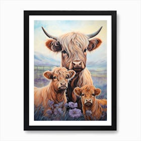 Highland Cow & Calves Simple Line Illustration 1 Art Print