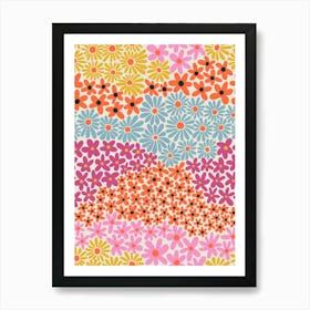 Floral Harmony Rolling Flower Hills Pink, Magenta, Blue, Yellow, and Orange Art Print