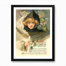 Happy Halloween Poem, Young Witch With Candle And Little Demons Behind Her Affiche