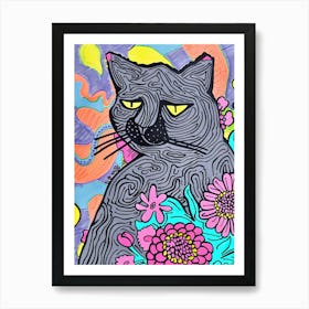 Cute Grey Cat With Flowers Illustration 2 Art Print