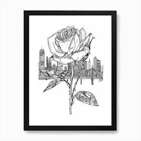 Rose In The City Line Drawing 1 Art Print