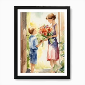 Mother And Son Giving Flowers Art Print