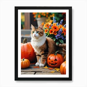 Cat With Pumpkins And Flowers 1 Art Print