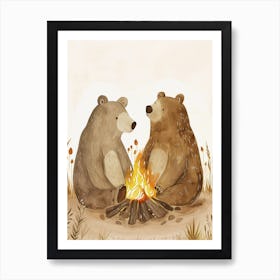 Two Sloth Bears Sitting Together By A Campfire Storybook Illustration 3 Art Print