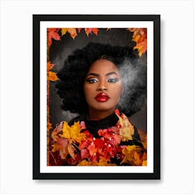 Digital Art Of A Black Woman With Peach Lips And Black Hair Amid A Collage Of Red Orange And Yello Art Print