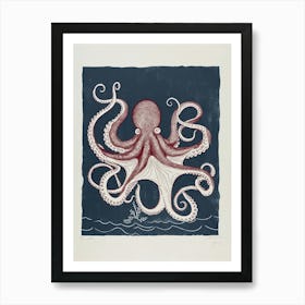 Red & Navy Blue Octopus In The Ocean Linocut Inspired 3 Art Print