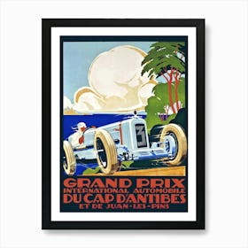 Antique 1929 racing poster by Alexis Kow Grand Prix in Cap D'Antibes which is a Mediterranean resort in the Alpes-Maritimes department of southeastern France, on the Côte d'Azur between Cannes and Nice. Art Print