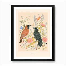 Folksy Floral Animal Drawing Raven 5 Poster Art Print