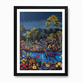 Colourful Dinosaur By The River Pattern 2 Art Print