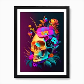 Skull With Neon Accents 1 Vintage Floral Art Print