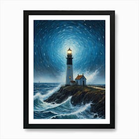 Lighthouse In The Storm Vincent Van Gogh Painting Style Illustration (21) Art Print
