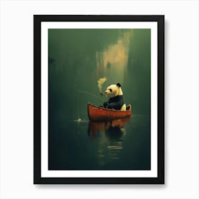 Panda Fishing in Red Canoe Retro Wall Art Poster