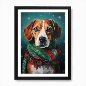 Folk Art Of A Beagle Wearing A Christmas Scarf Art Print