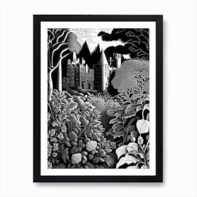 Powys Castle And Garden, United Kingdom Linocut Black And White Vintage Art Print