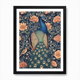 Peacock & A Robin Wallpaper Style Art Print