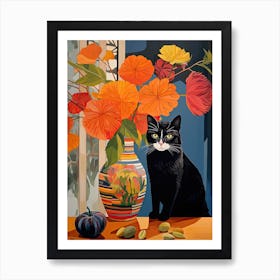 Hibiscus Flower Vase And A Cat, A Painting In The Style Of Matisse 1 Art Print