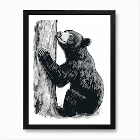 Malayan Sun Bear Scratching Its Back Against A Tree Ink Illustration 1 Art Print