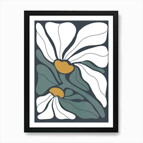 Bold Retro Boho Duo Deco Floral in full bloom 2 Green Ochre Dark Grey Art Print