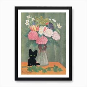 Flowers In A Vase, Henri Rousseau  Inspired Still Life Cat Art Print