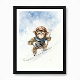 Monkey Painting Skiing Watercolour 2 Art Print