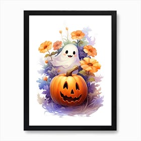 Cute Ghost With Pumpkins Halloween Watercolour 2 Art Print