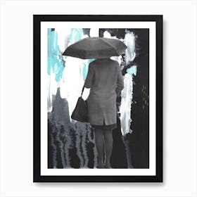 Rainy Day Analog Collage Mixed Media Umbrella Human Rain Black Blue White Art Print