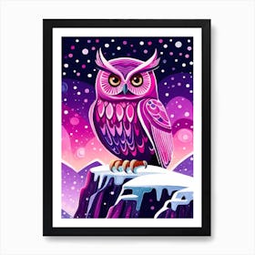 Pink Owl Snowy Landscape Painting (141) Art Print