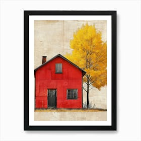 Red House With Yellow Tree Art Print