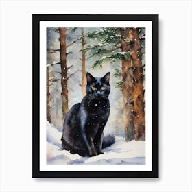 Black Cat In A Winter Forest - Snow Christmas Yule Scene Snowy Fir Trees - Witchy Witches Cats Lady Lovers Matisse Klimt Inspired Traditional Watercolor Home Room Art Wall Decor - Black Cat Travels Series by Lyra the Lavender Witch Art Print