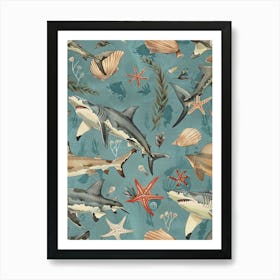 Pastel Blue Shark Watercolour Seascape Pattern 3 Art Print