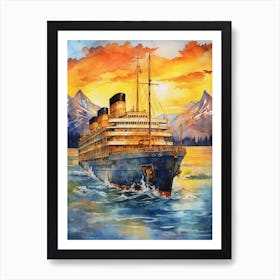 Titanic Ship At Sunset Sea Watercolour 2 Art Print