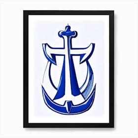 Anchor Symbol 1, Blue And White Line Drawing Art Print