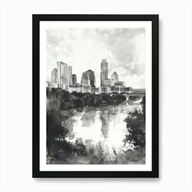 Skyline Austin Texas Black And White Watercolour 2 Art Print