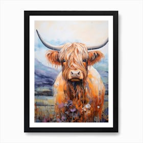Illustration Of Highland Cow With Wildflowers 1 Art Print