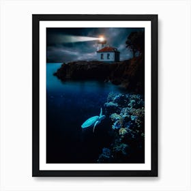 Turtle In The Corals And Lighthouse Art Print