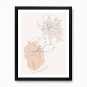 Minimal Line Art Flowers and Watercolor Backdrop Art Print