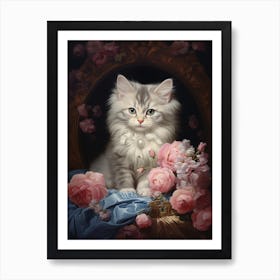Cat With Pink Flowers Rococo Style 2 Art Print